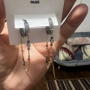 Karl Lagerfeld Gold and Black Crystal Chain Hoop Earrings